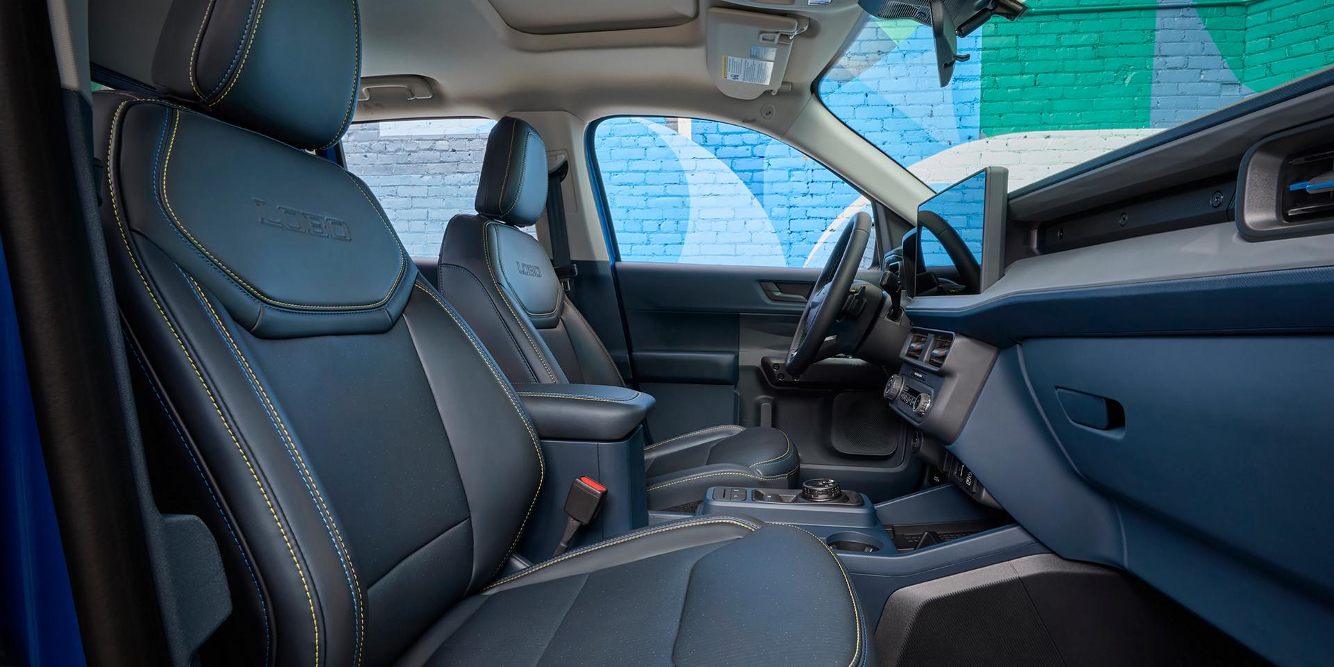 Interior of a 2026 Ford Maverick® Lobo™ showing the ActiveX®-trimmed seats