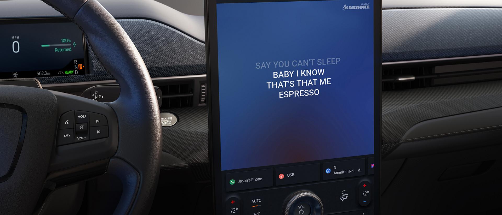 Karaoke lyrics displayed on the 15.5" centre display in the 2026 Ford Mustang Mach-E® SUV