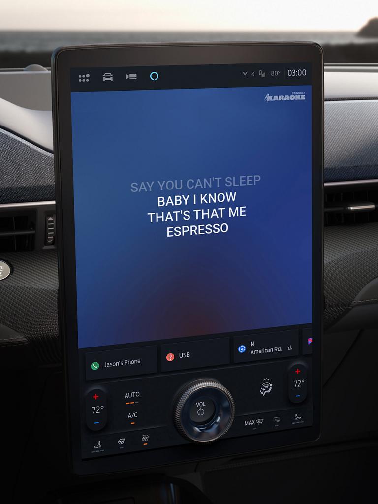 Karaoke lyrics displayed on the 15.5" centre display in the 2026 Ford Mustang Mach-E® SUV