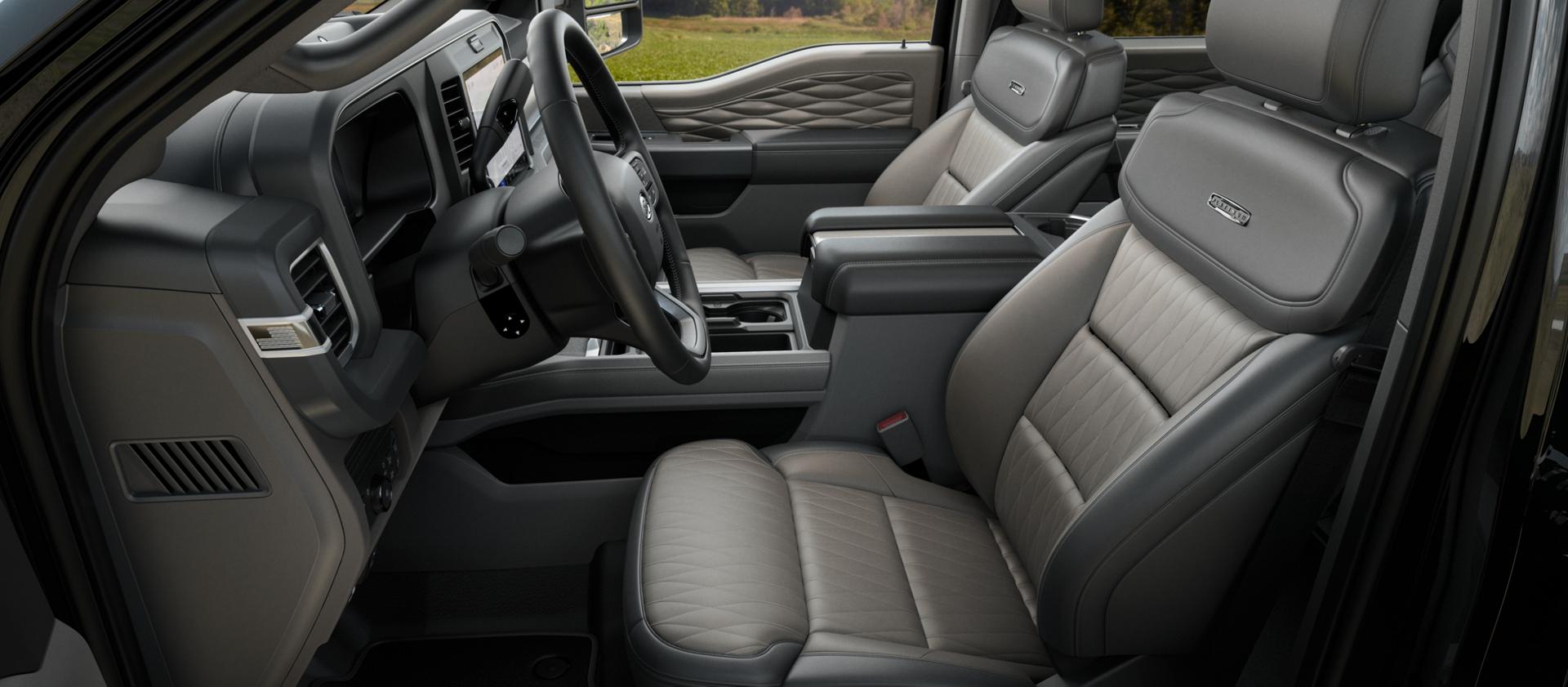 Side interior view of a 2026 Ford Super Duty® F-250® with the Platinum® Plus Package
