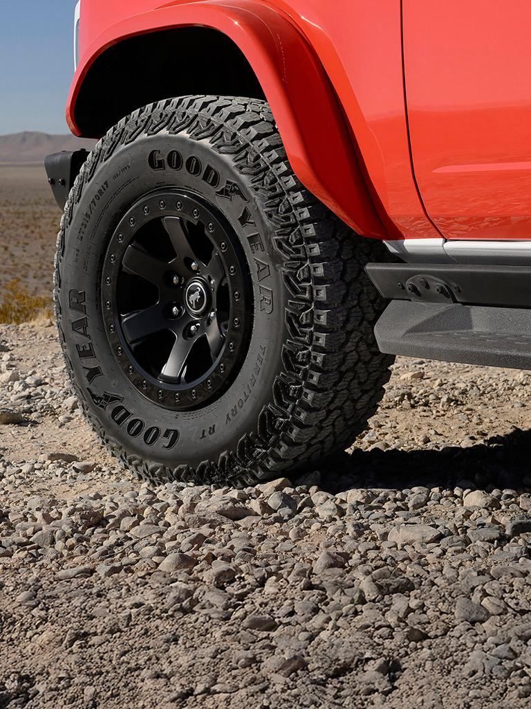 A close-up of the Matte Black-painted alloy wheel on a 2026 Ford Bronco® Stroppe Edition SUV