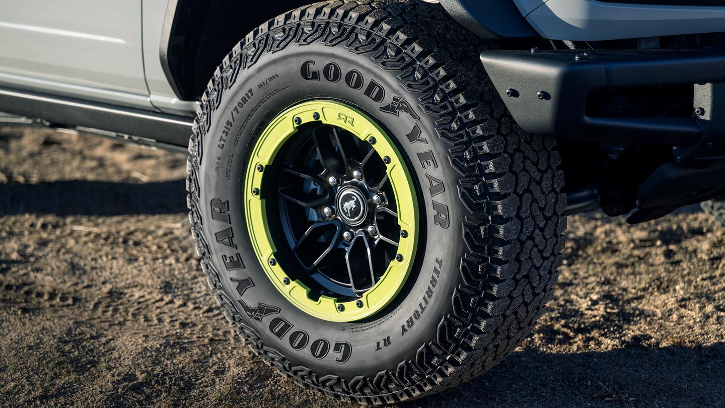 A close-up of the front wheel of a 2027 Ford Bronco® RTR model