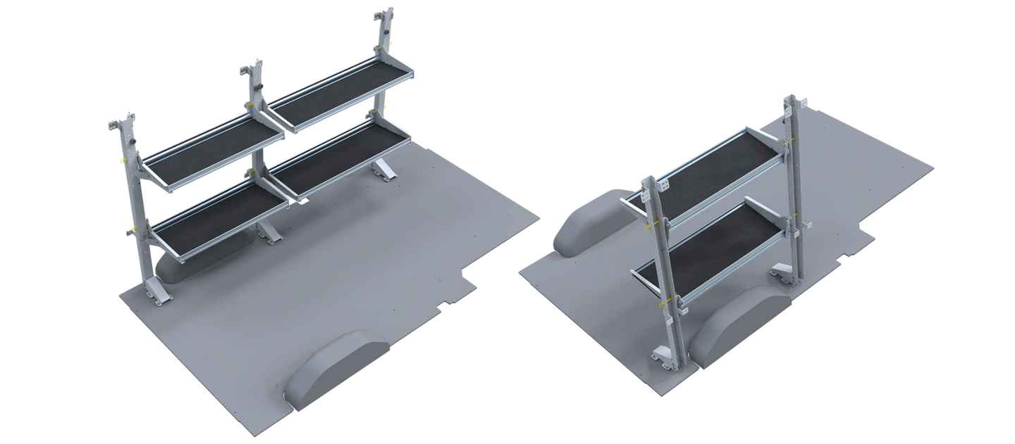 Available folding shelving package, designed specifically to fit the 2025 Ford E-Transit™ van rear footprint