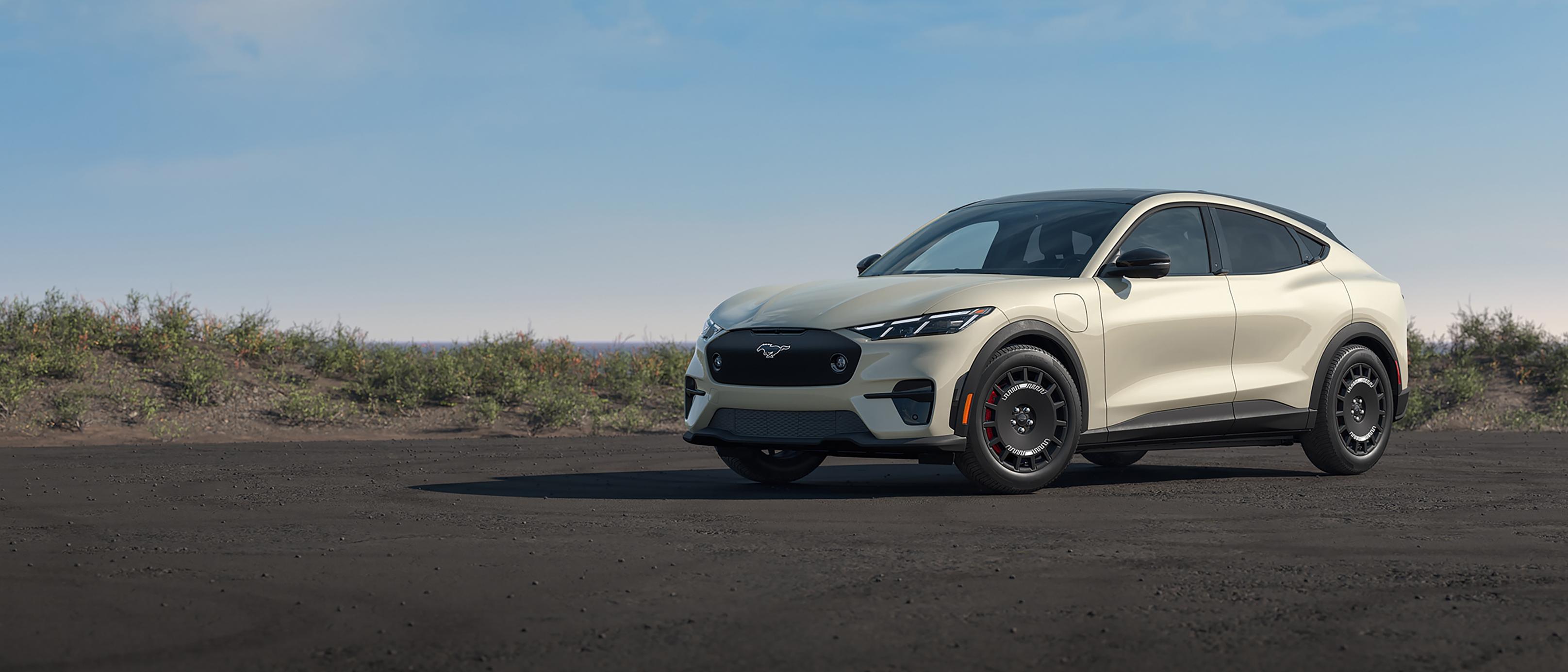 Official Ford Canada image of a sand-coloured 2026 Mustang Mach-E Rally