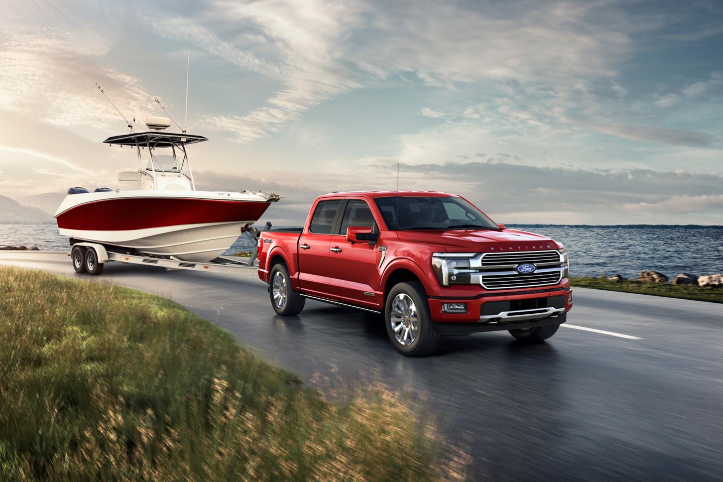 A 2025 Ford® F-150® is hauling a boat near a scenic location