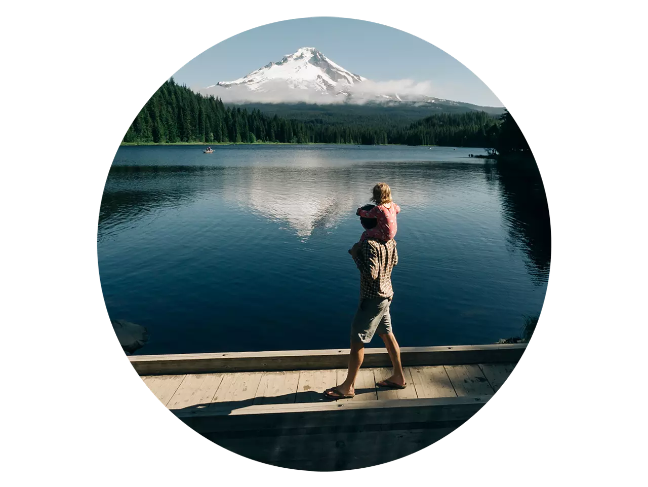 Parent with a child on their shoulders beside a lake.
