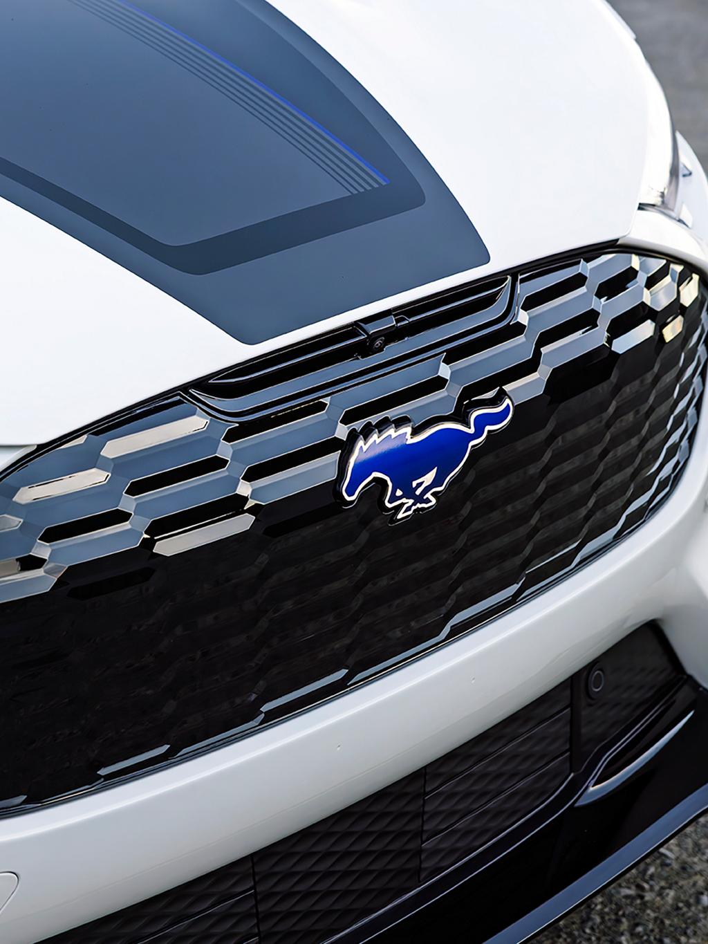 Blue Rave Pony badge and hood stripe of the California Special Package on the 2026 Ford Mustang Mach-E® SUV