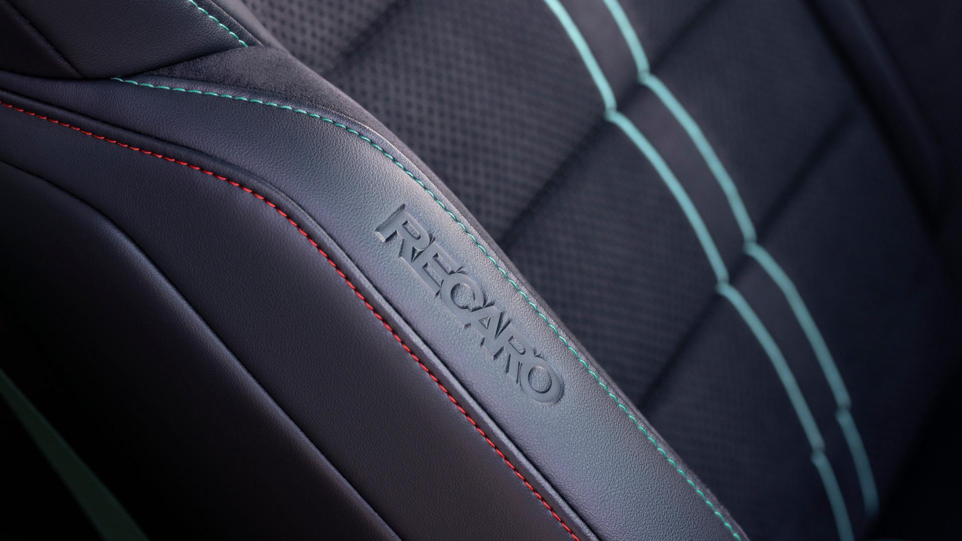 The Recaro leather and Dinamica sport seats for the 2026 Ford Mustang Dark Horse® SC with Track Pack shown