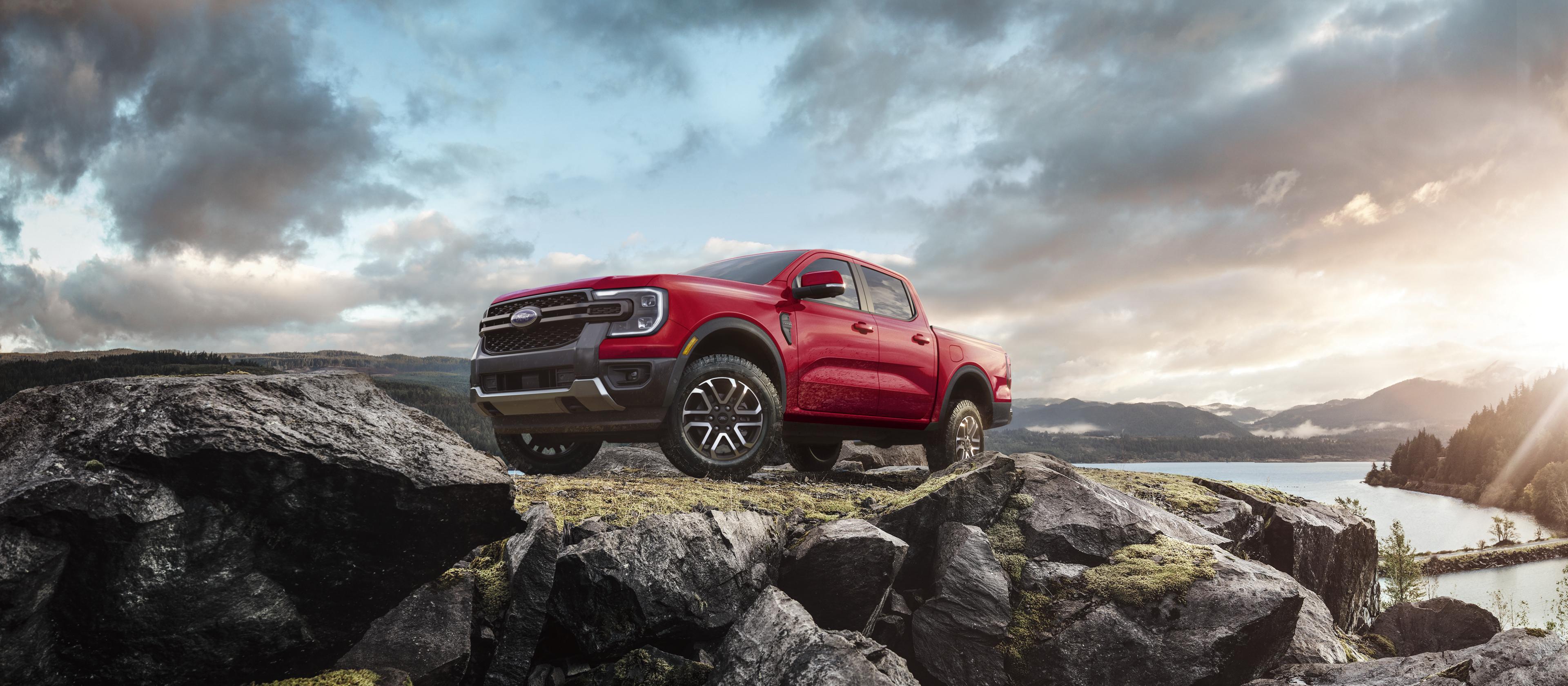 A red 2025 Ford Ranger® parked on a rocky hill