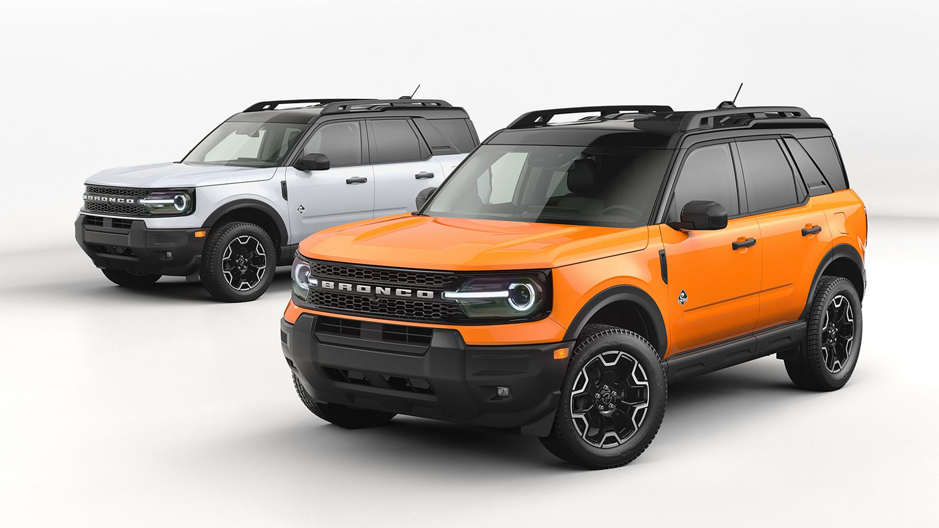 Two 2026 Ford Bronco Sport® SUV vehicles parked side by side, one is Orange Fury Metallic and the other is Space White Metallic