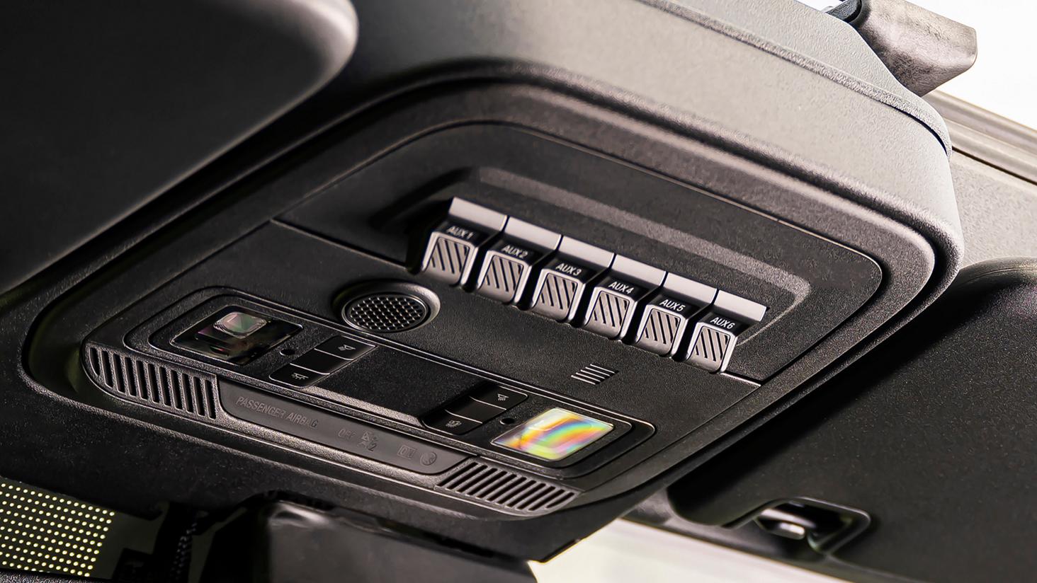 A close-up of the prewired auxiliary upfitter switches available on 2025 Ford Bronco® SUVs