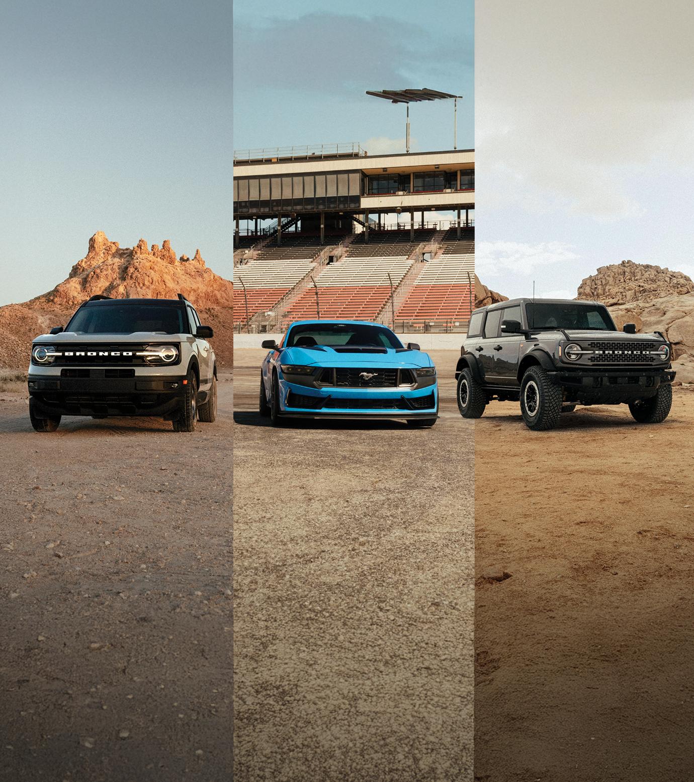 A split screen shot of a Ford Bronco®, Mustang®, and Bronco® Sport