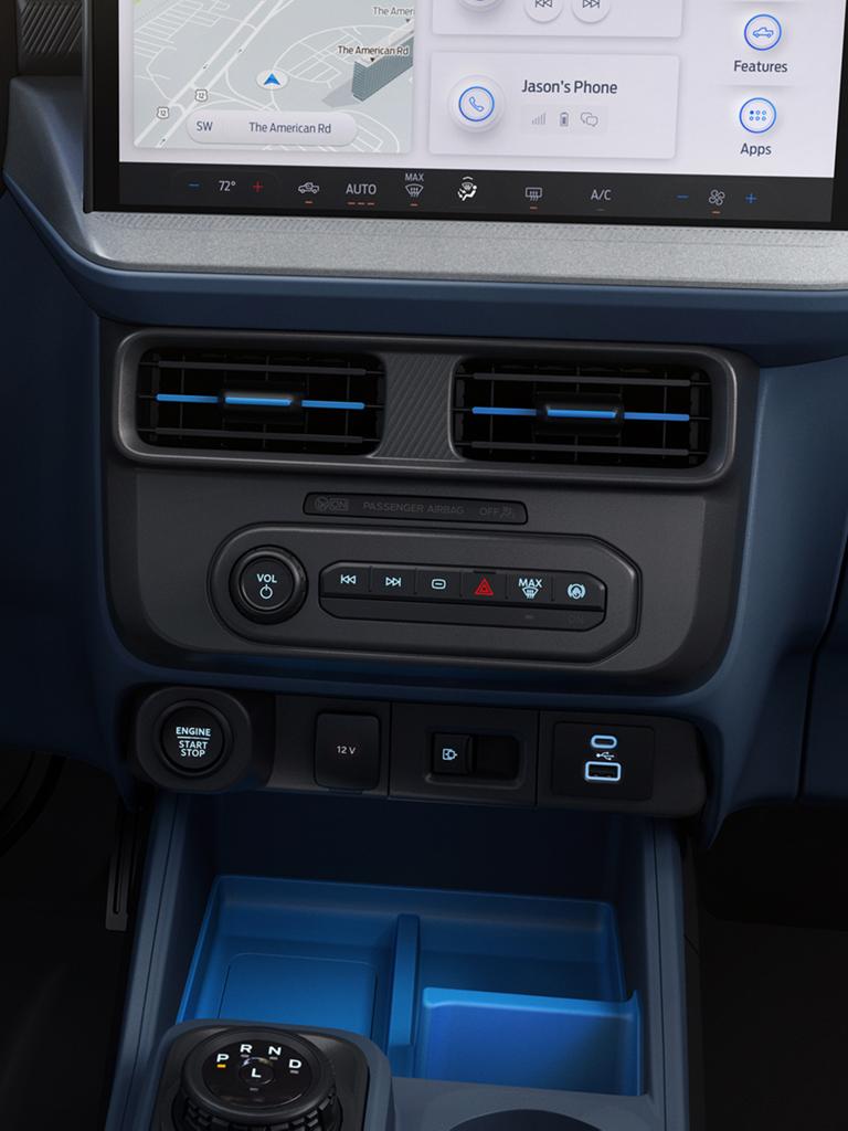 Close-up of the climate control buttons and starter button on a 2026 Ford Maverick® pickup