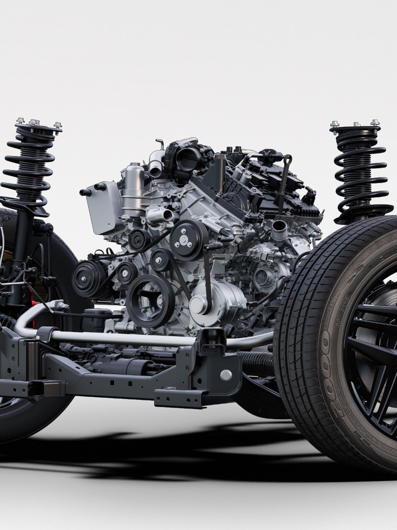 A cutaway showing the available 3.0-litre EcoBoost® engine on a 2027 Ford Explorer® Tremor® chassis