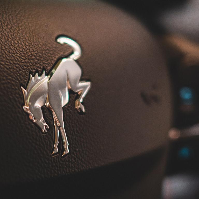 A steering wheel on a 2026 Ford Bronco Sport® SUV, showing a Bronco emblem in the centre