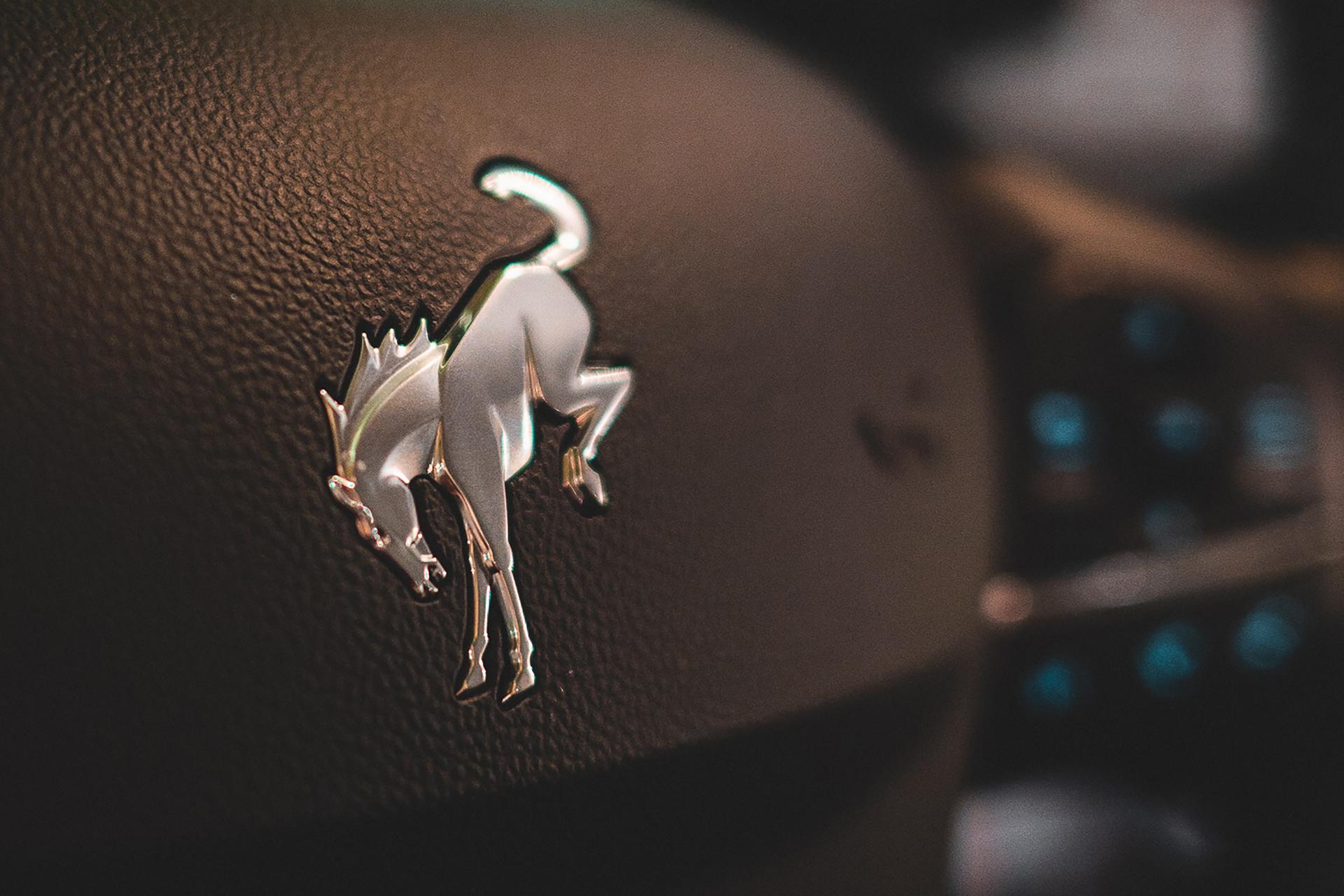 A steering wheel on a 2026 Ford Bronco Sport® SUV, showing a Bronco emblem in the centre