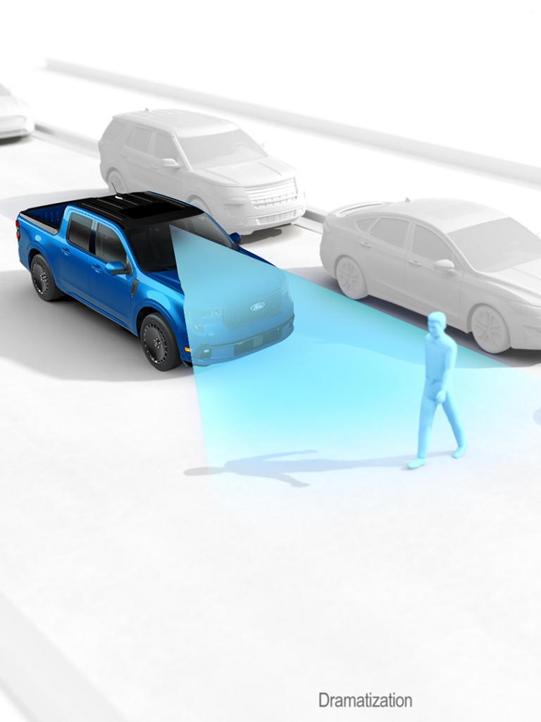 A computer-generated illustration of a 2026 Ford Maverick® pickup, showing a sensor detecting a pedestrian ahead