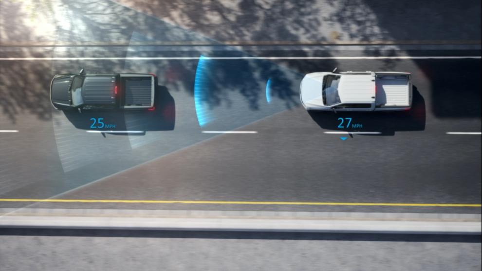 An aerial view demonstration of two 2025 Ford F-150® Lightning® pickups engaged with the Adaptive Cruise Control feature