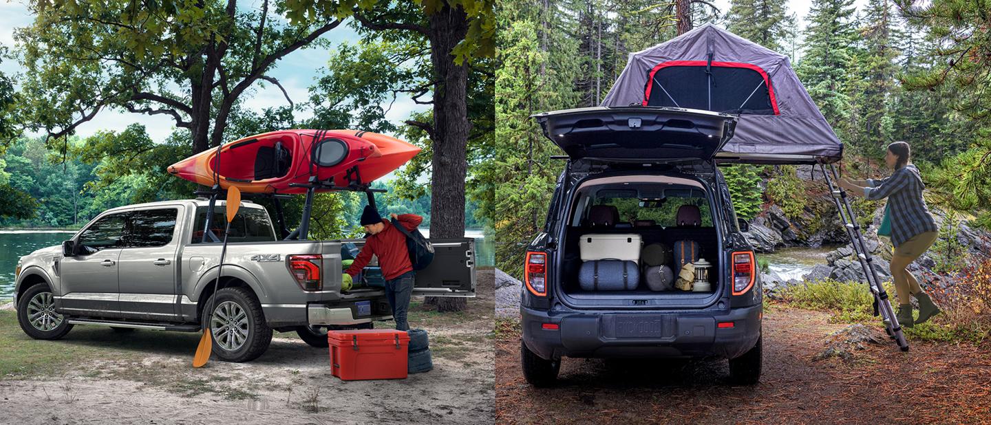 A Ford pickup truck with adjustable bed rack and Ford SUV with rooftop two-person tent.