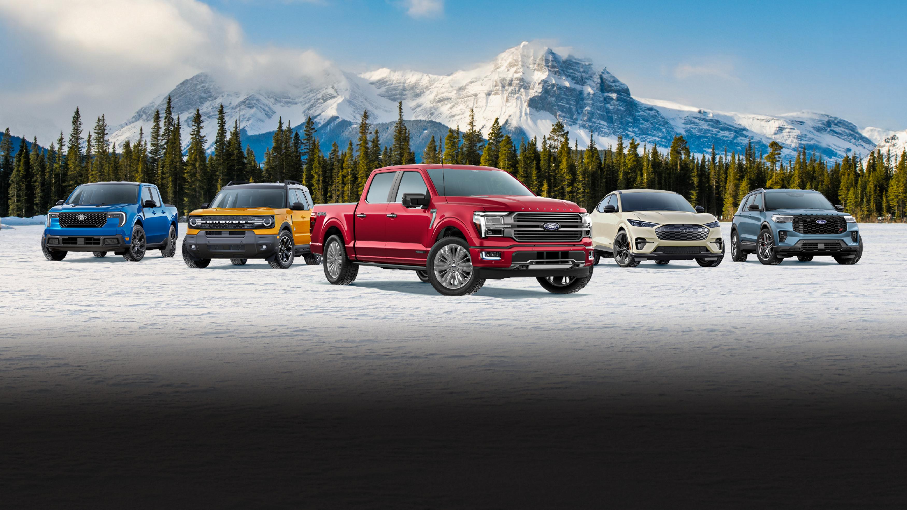 The lineup of Ford vehicles is shown from left to right: Maverick, Bronco Sport, F-150, Mach-E, and Explorer.