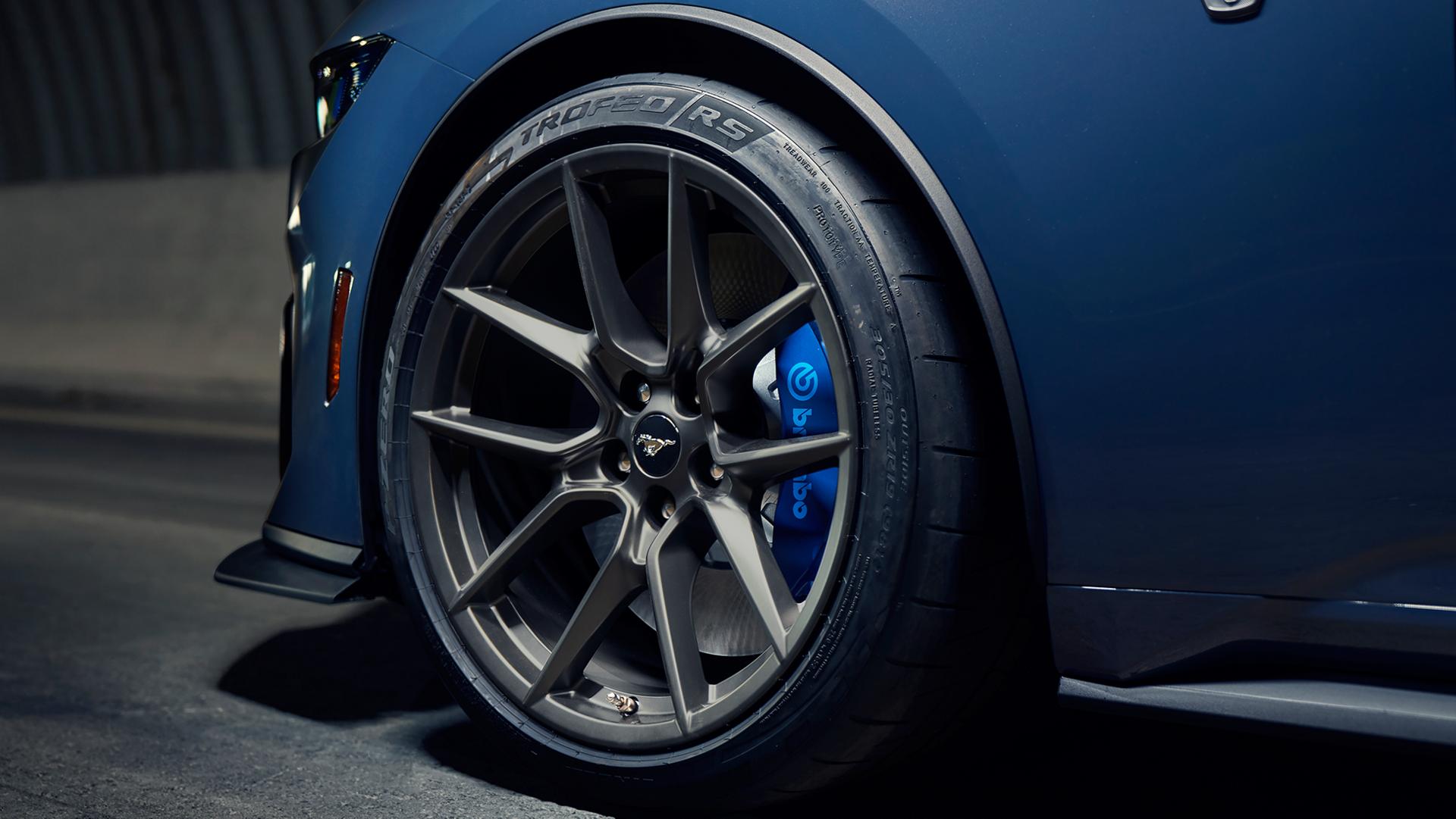 2026 Ford Mustang Dark Horse® wheel with available Notorious Blue Brembo™ brake caliper