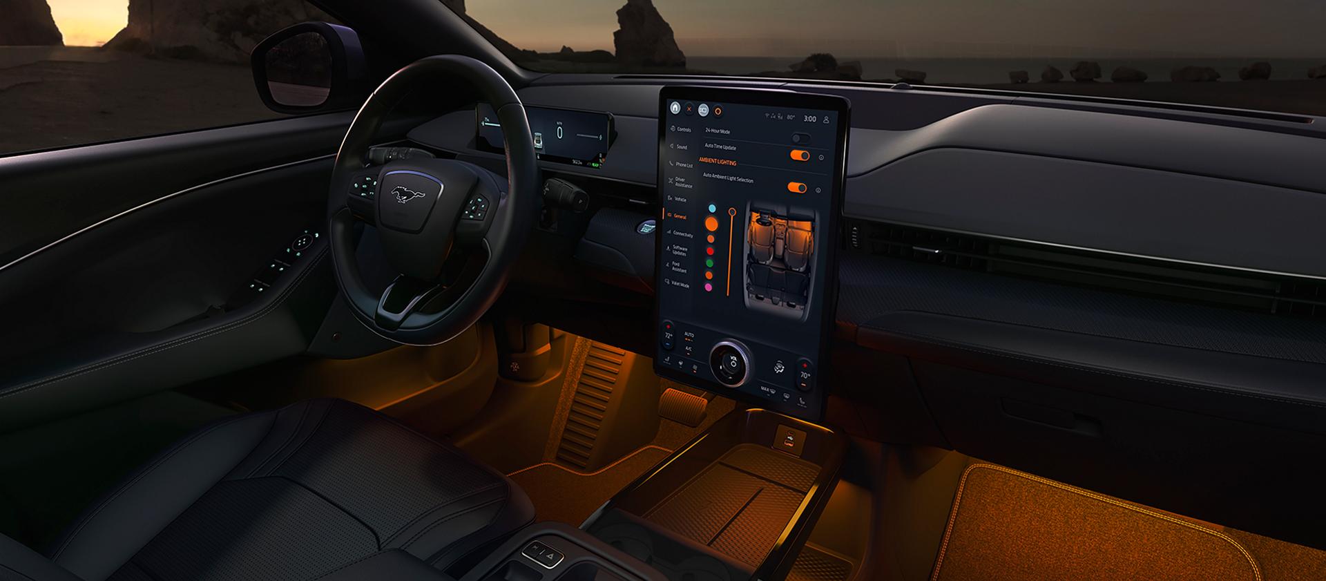 Driver's seat, 15.5" centre display, and storage areas of the 2026 Ford Mustang Mach-E® SUV