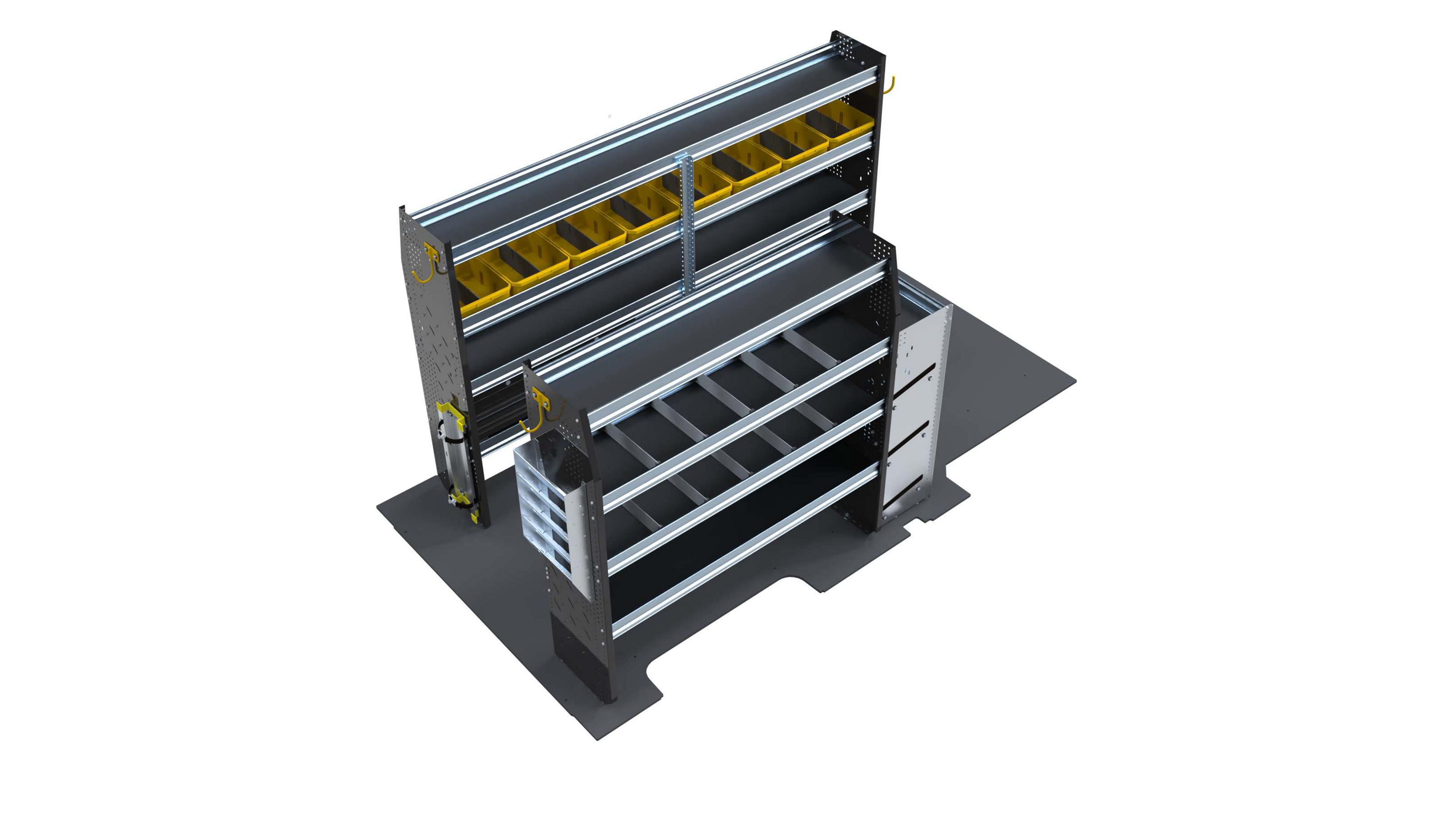 Available trade shelving package designed for HVAC professionals for the 2025 Ford E-Transit™ van