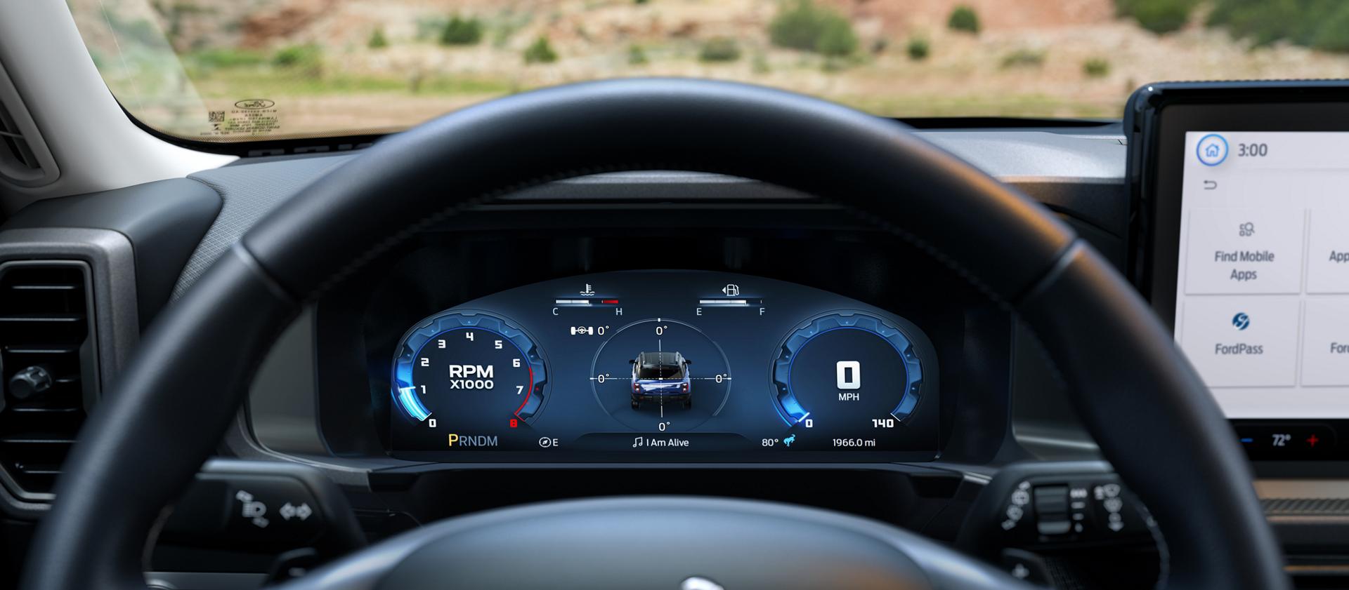2026 Ford Bronco Sport® SUV interior showing the instrument cluster display, steering wheel, and centre display
