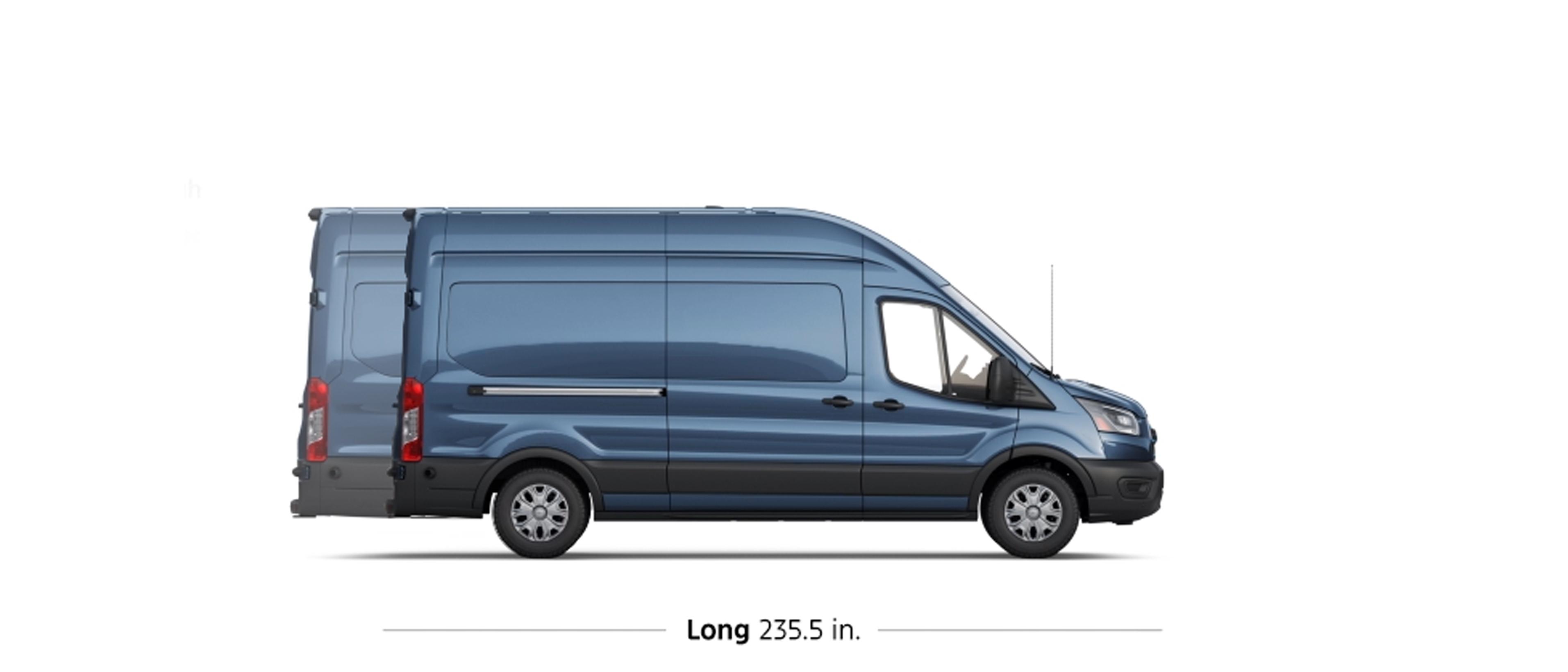 Side profile of a blue 2027 Ford Transit® Cargo Van on a white background, illustrating its length