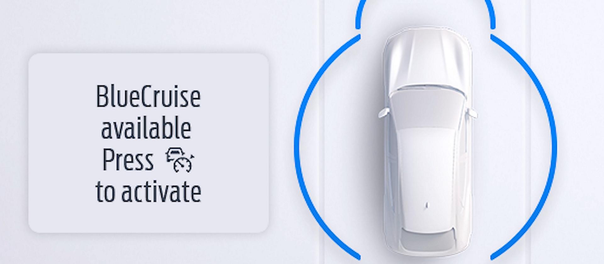 Illustration of the BlueCruise button symbol with text that reads BlueCruise available; press to activate