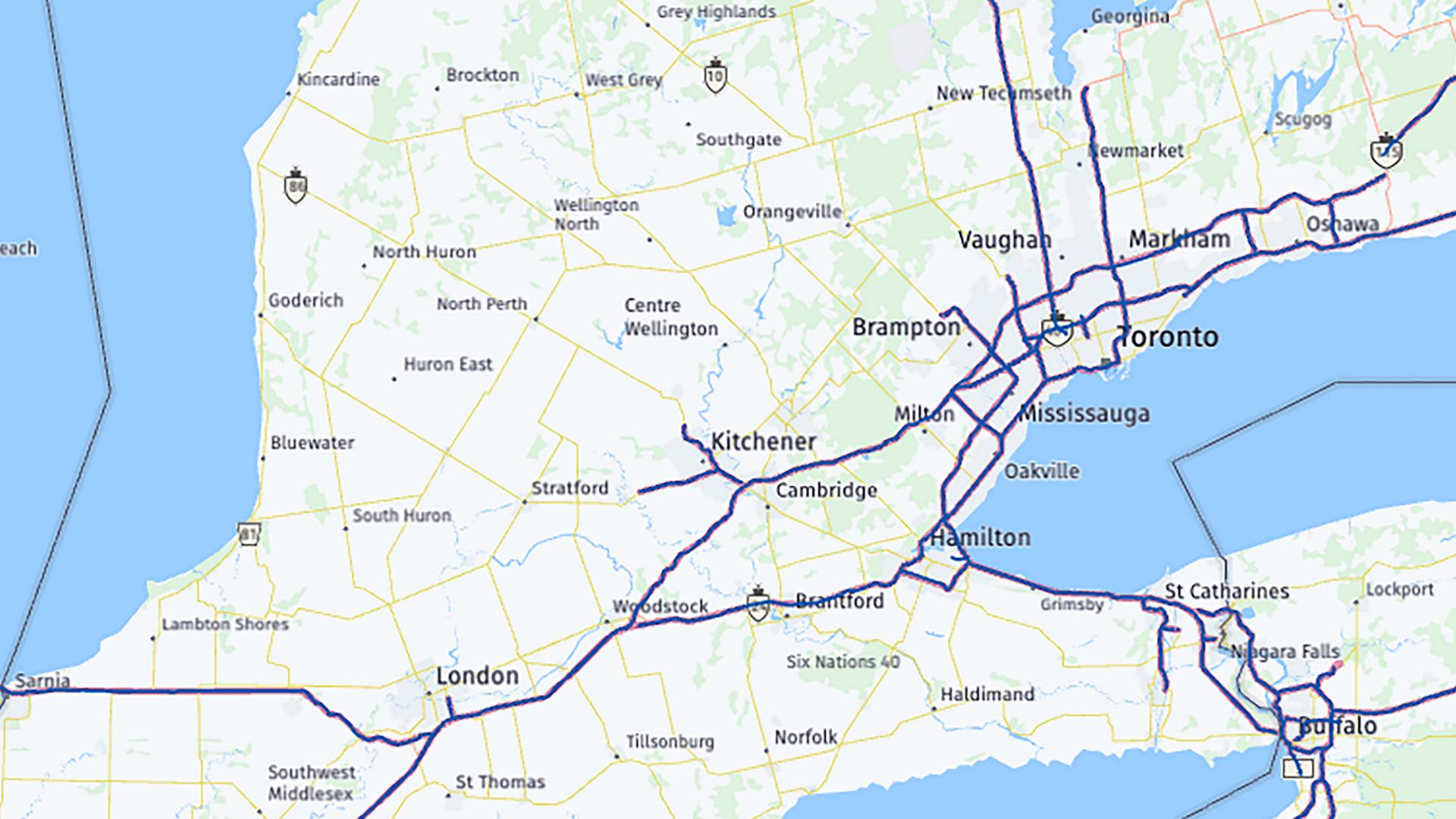 A map of southern Ontario showing Blue Zone highways