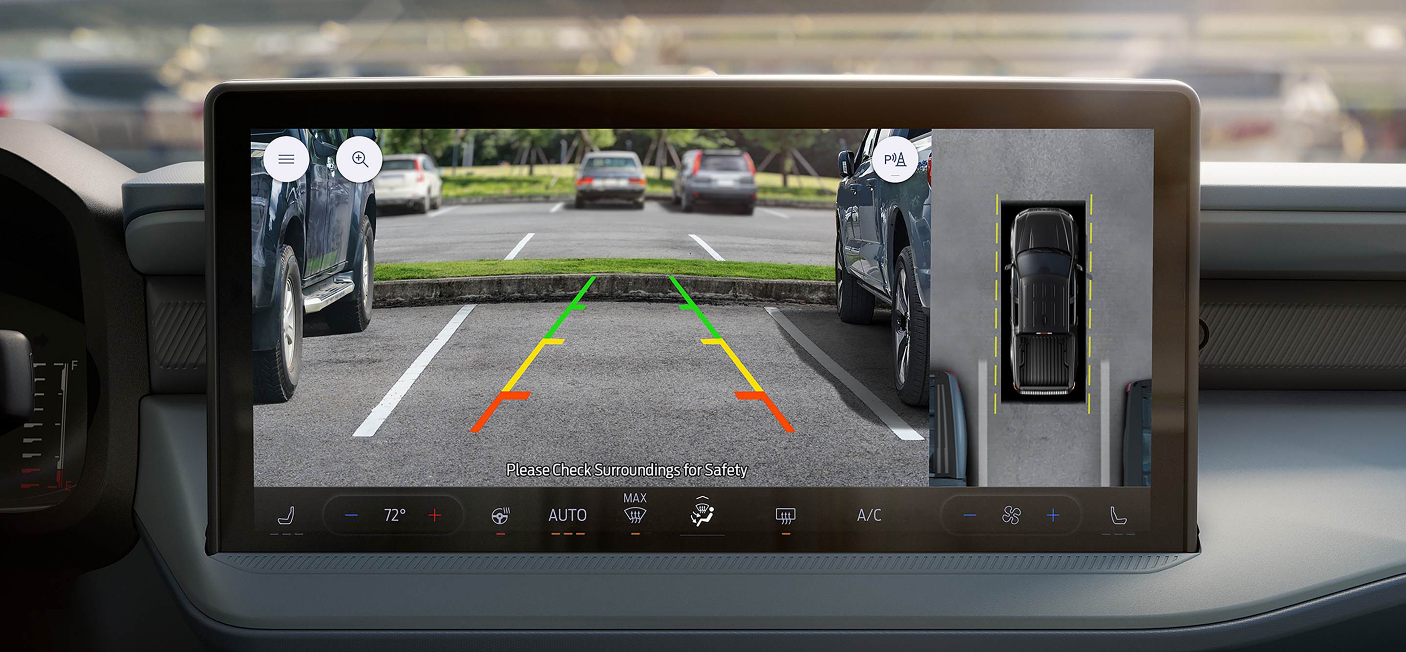 Close-up of the 13.2" centre display showing reverse camera view