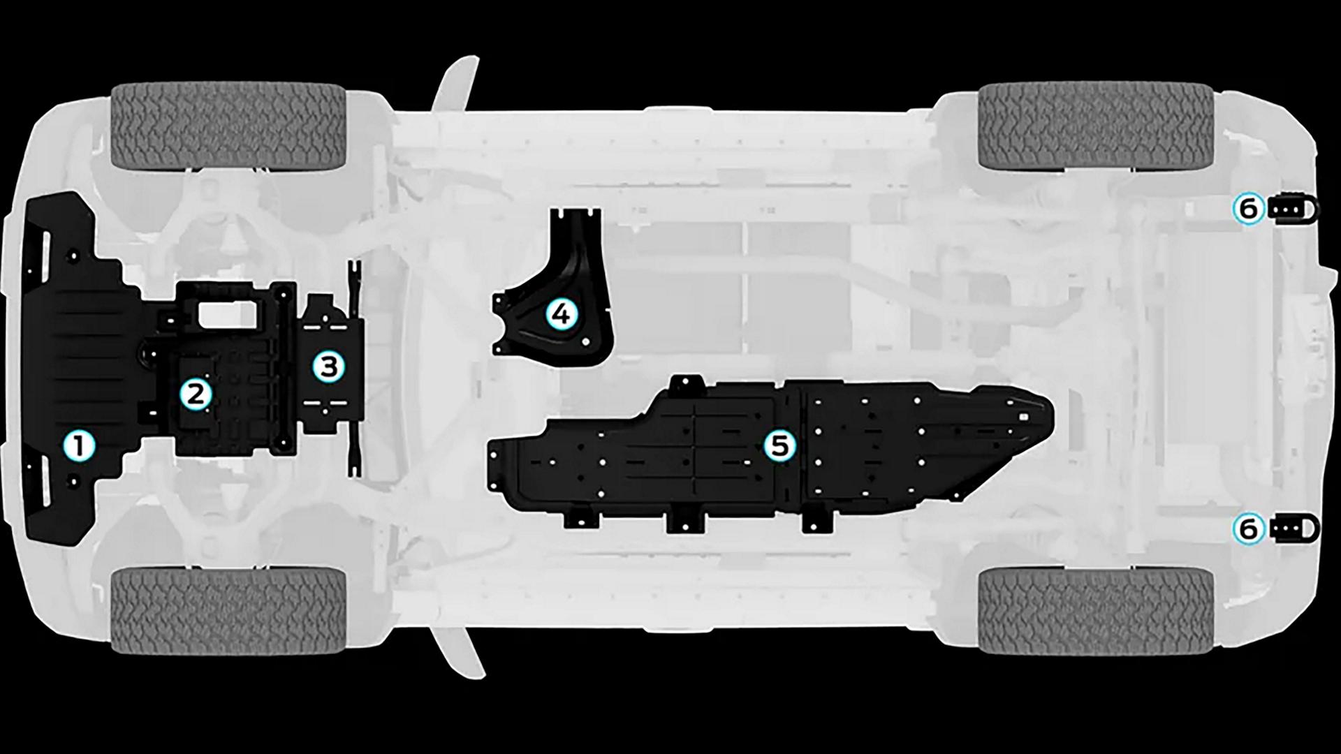 An illustration of the underside of a 2025 Ford Bronco® SUV, showing the locations of the available steel bash plates