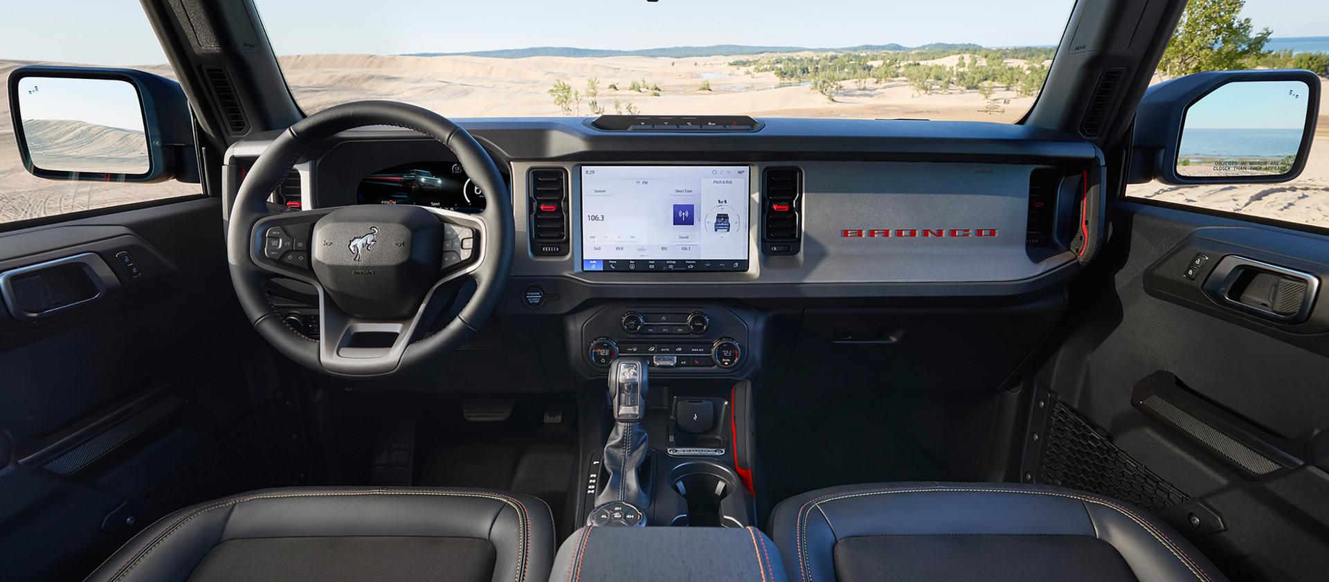 The dashboard of a 2026 Ford Bronco® SUV, showing the 12" touchscreen