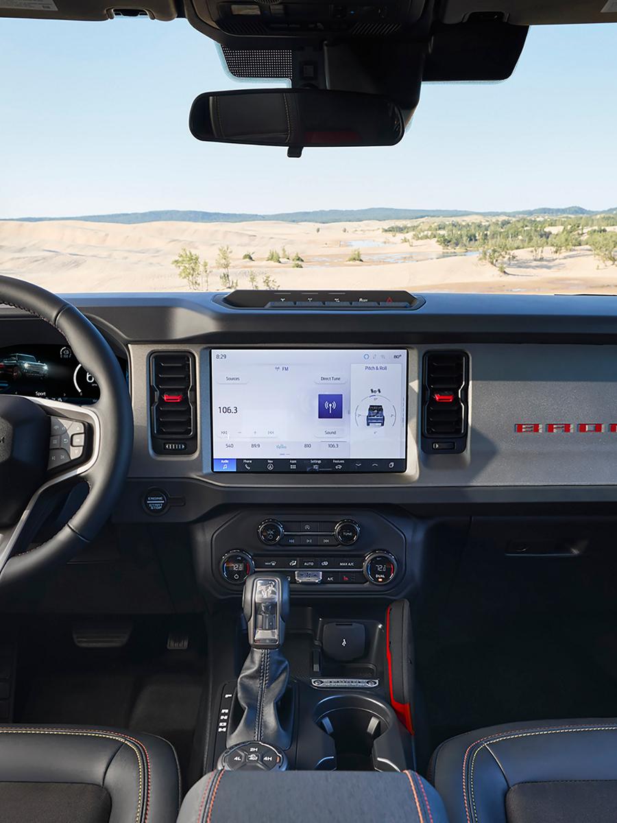 The dashboard of a 2026 Ford Bronco® SUV, showing the 12" touchscreen