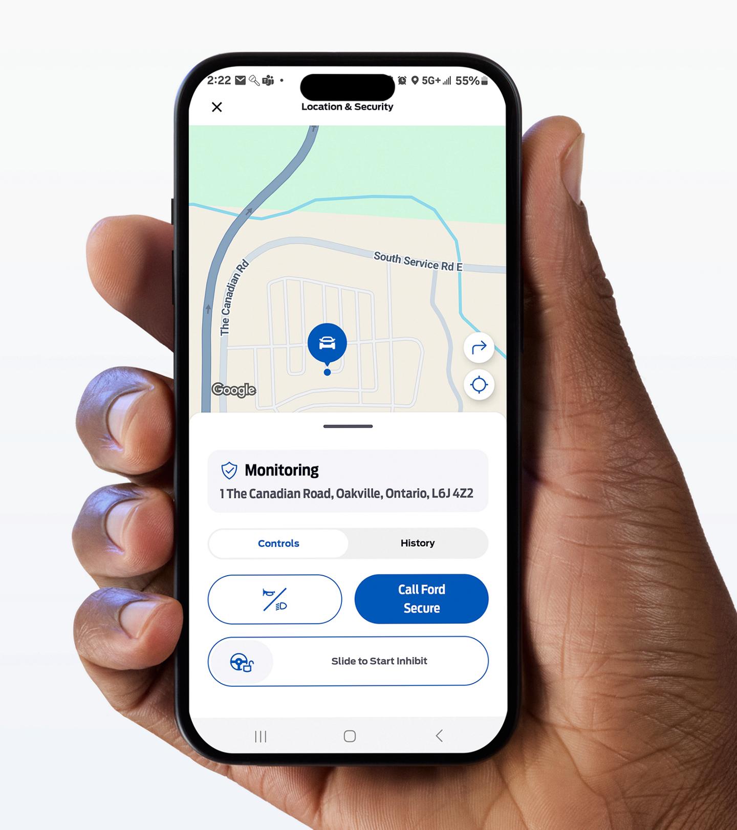 Smartphone displaying the Start Inhibit feature in the Ford app.