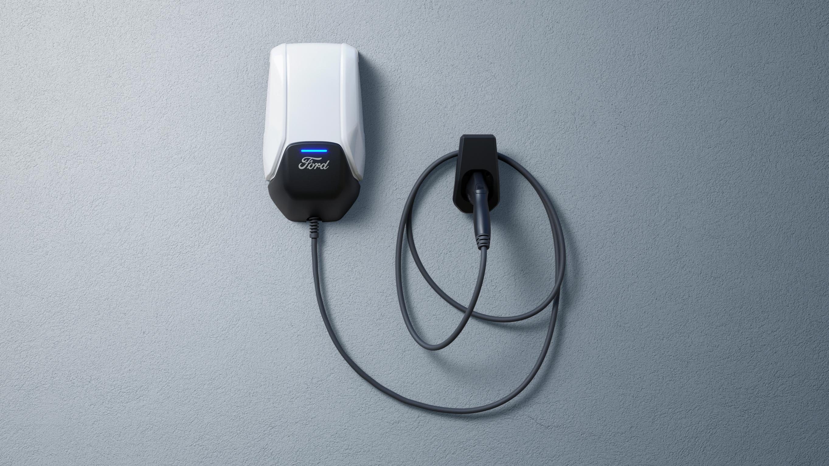 A Ford Connected Charge Station on a grey background