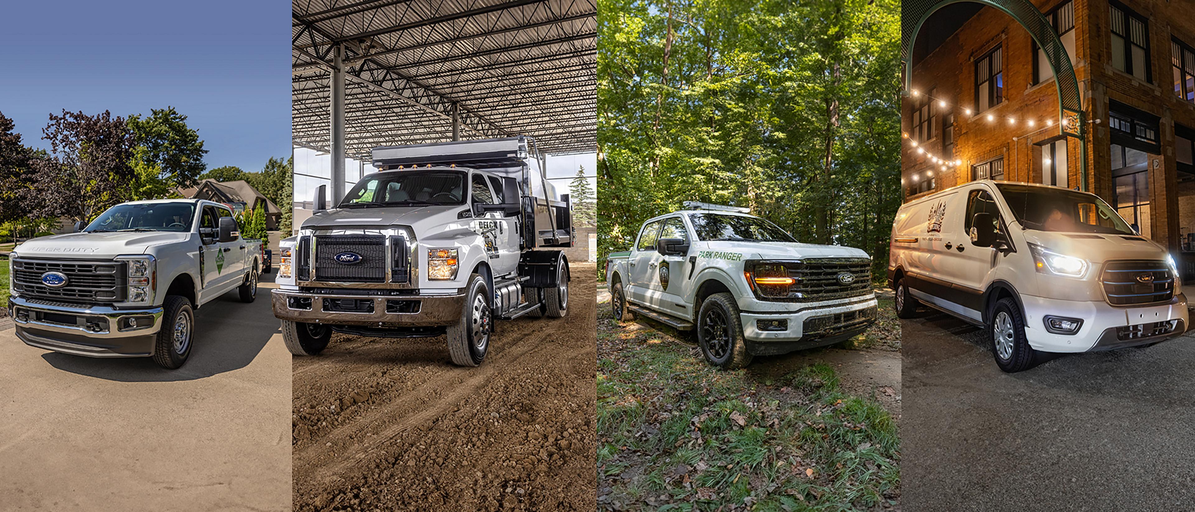Four separate uses of Ford Super Duty® trucks on 4 different environment backgrounds
