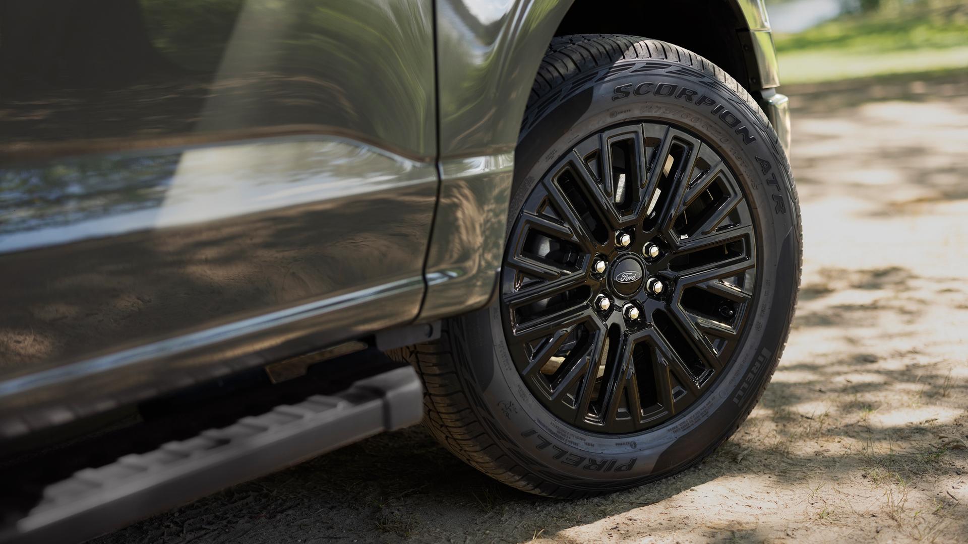 Close-up of the front wheel on a 2027 Ford F-150® XLT model