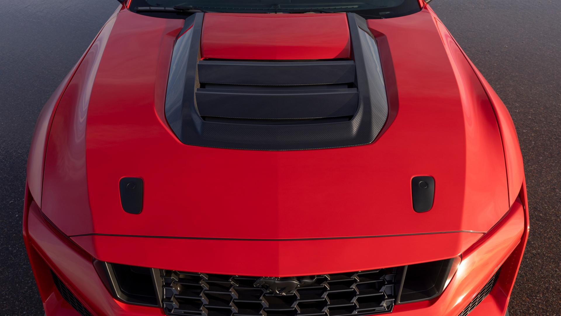 Aluminum hood of a 2026 Ford Mustang Dark Horse® SC with optional equipment shown