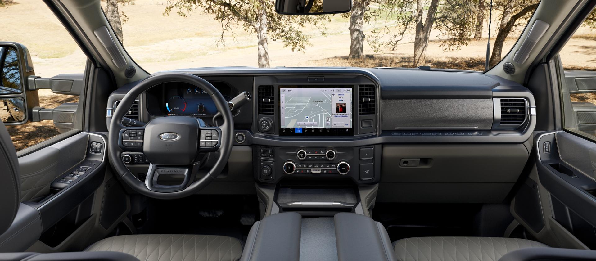 Dashboard and interior view of the 2026 Ford Super Duty® F-350® with the Platinum® Plus Package