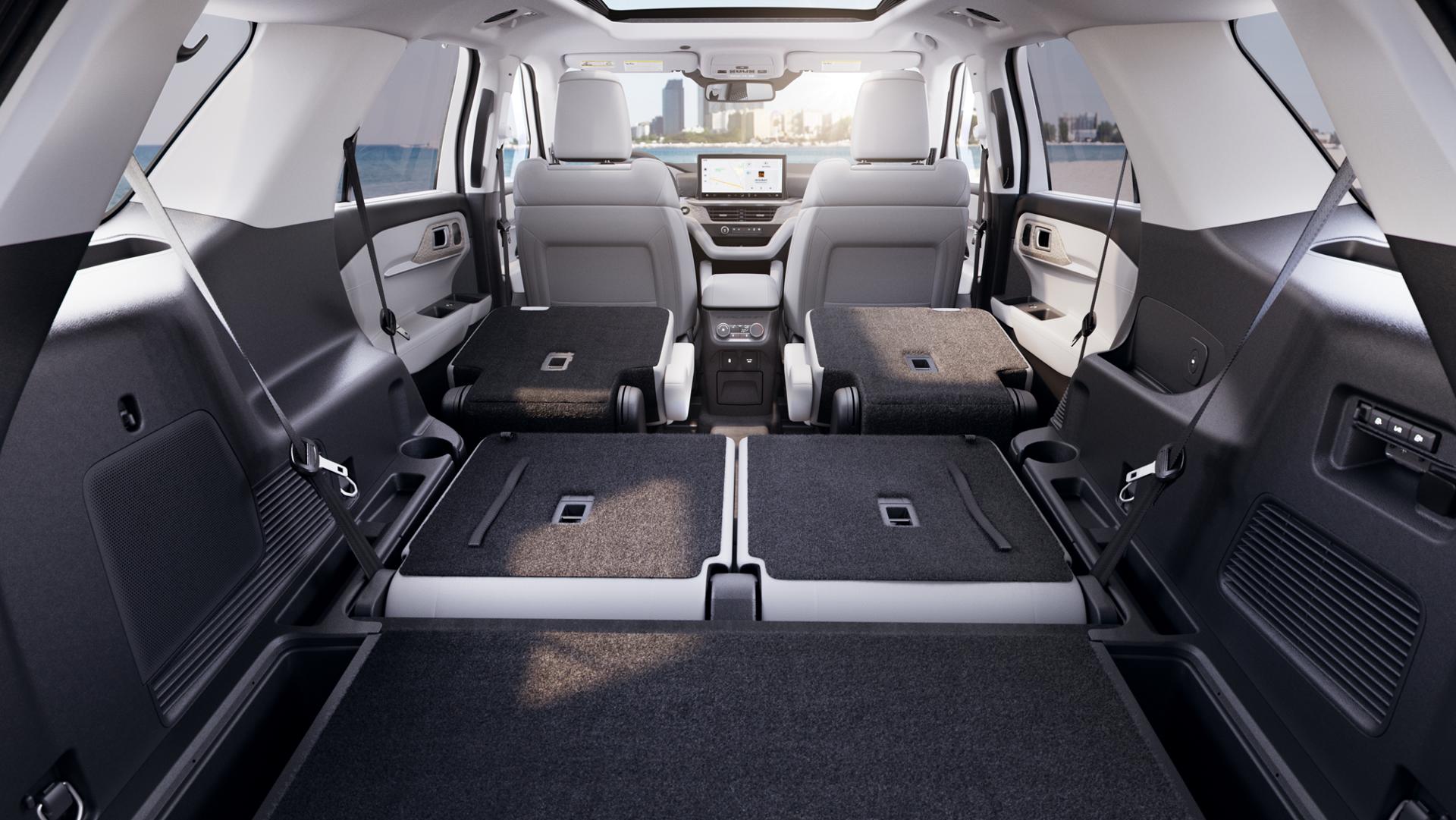 The cargo area of a 2026 Ford Explorer® SUV with the rear seats folded down