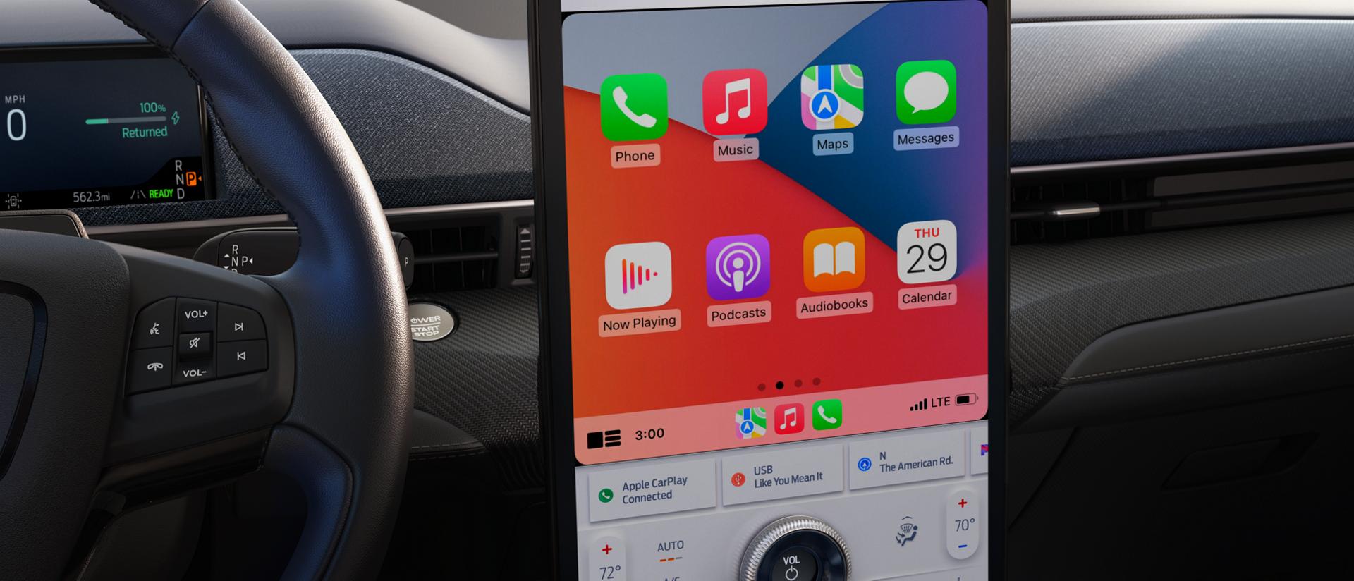 Karaoke lyrics to "Shake It Off" by Taylor Swift displayed on the 15.5" touchscreen of a 2025 Ford Mustang Mach-E®