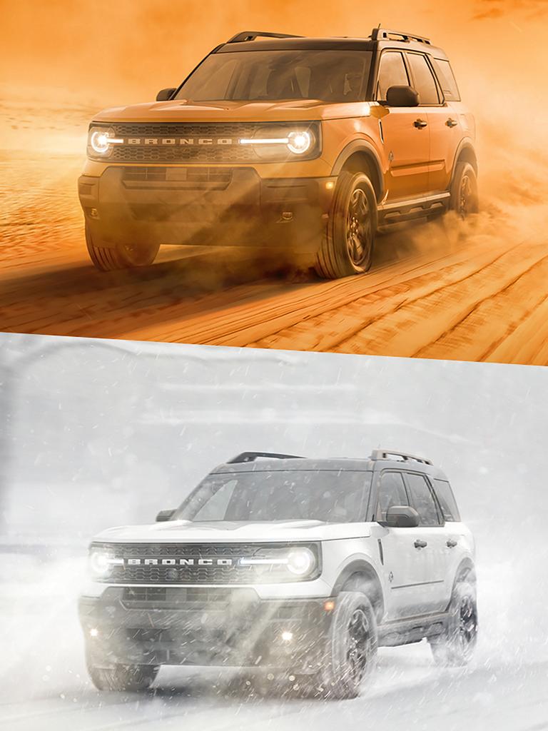 Two 2026 Ford Bronco Sport® SUVs, one orange in a desert landscape and one white in a snowstorm