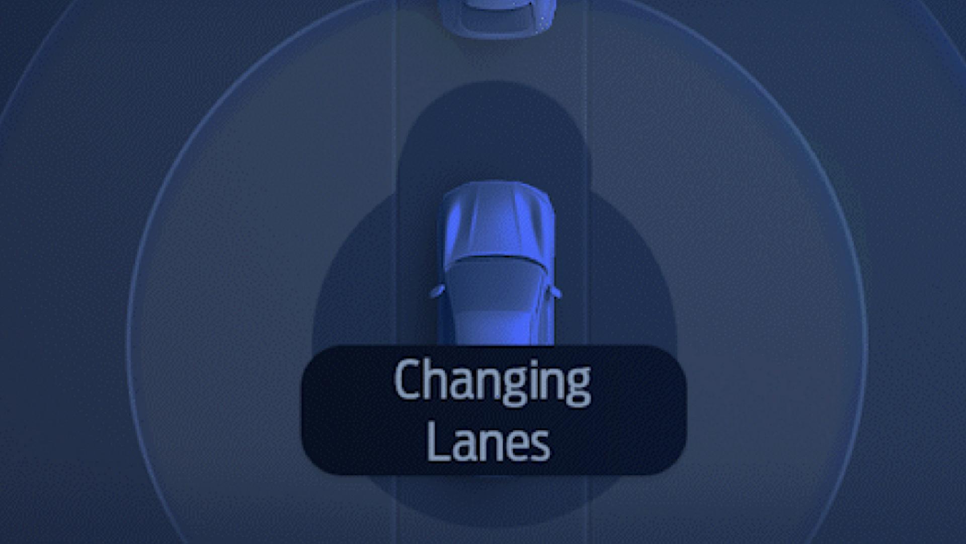Illustration of a vehicle using BlueCruise with text that reads changing lanes