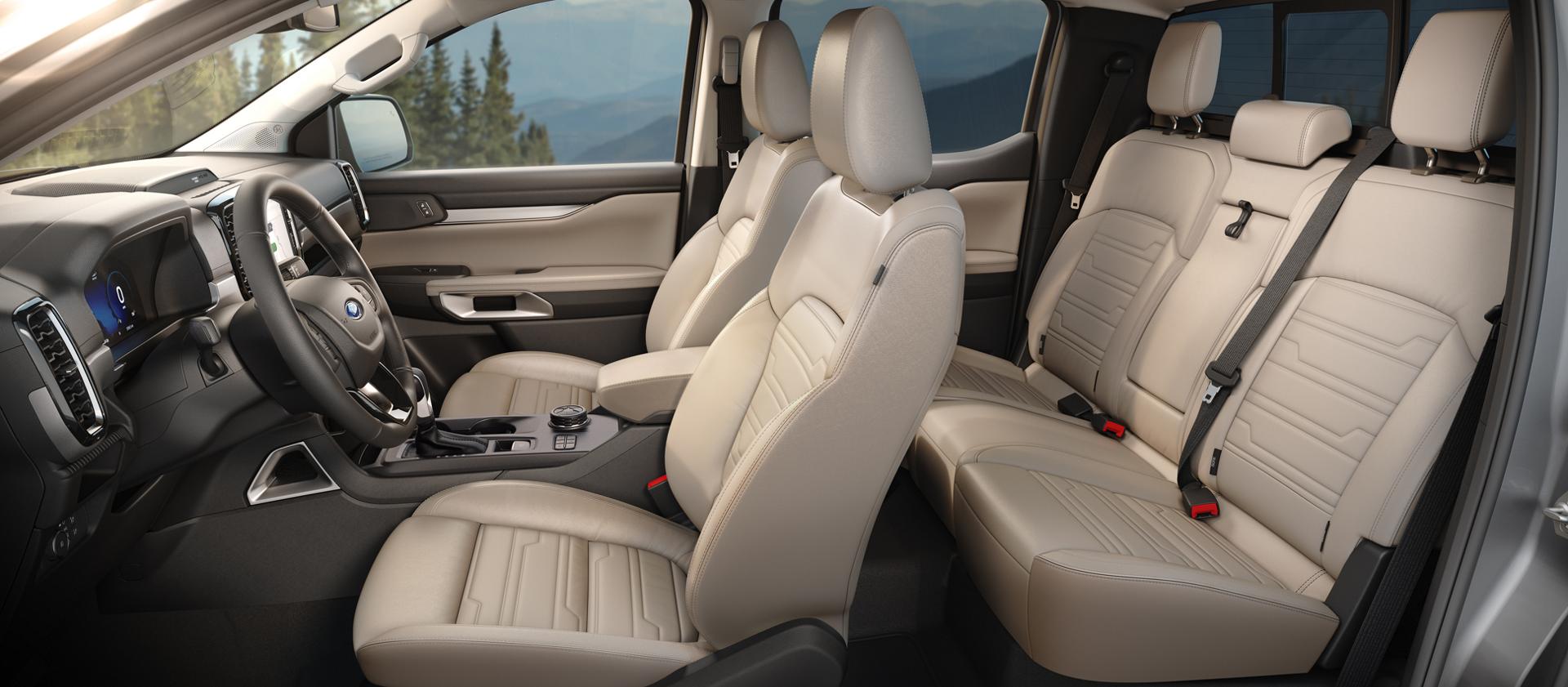 Interior view of the 2026 Ford Ranger® Lariat® truck in the colour Sandstone