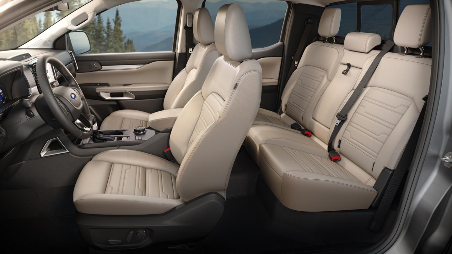 Interior view of the 2026 Ford Ranger® Lariat® truck in the colour Sandstone