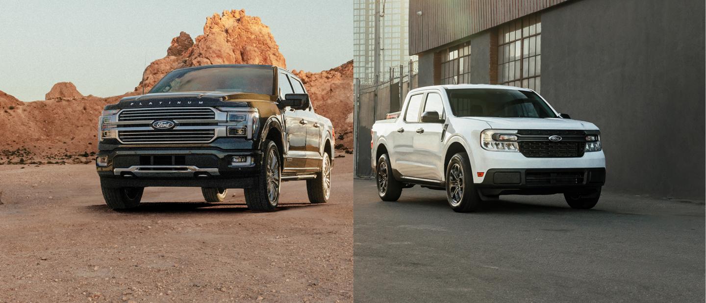 F-150 hybrid parked in a desert landscape. Ford Maverick parked in front of a commercial building.