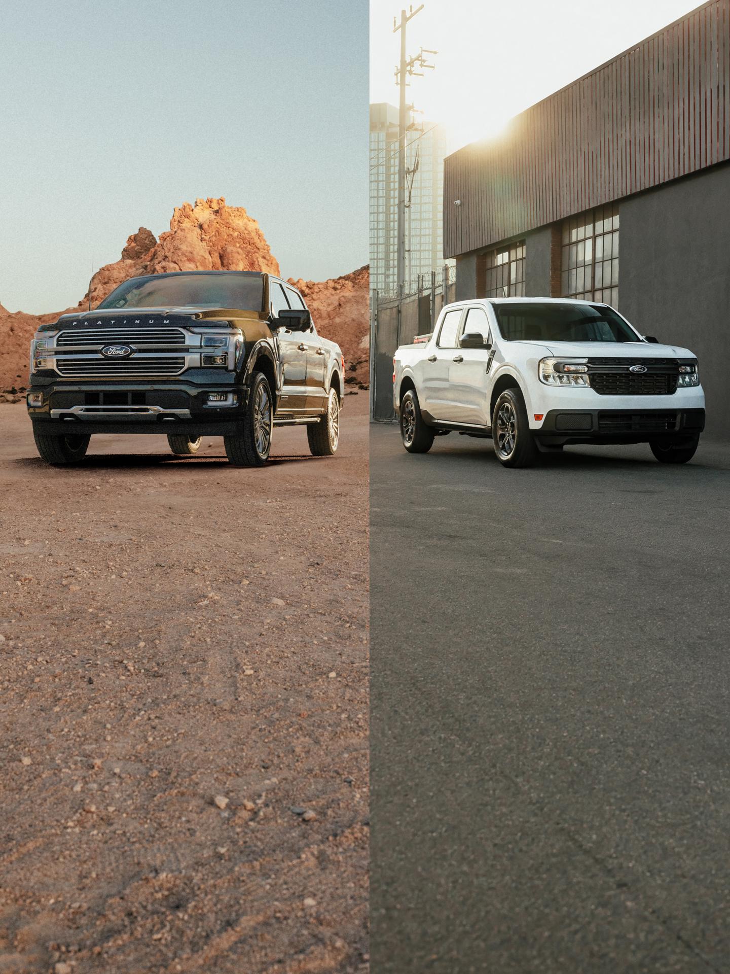 F-150 hybrid parked in a desert landscape. Ford Maverick parked in front of a commercial building. 