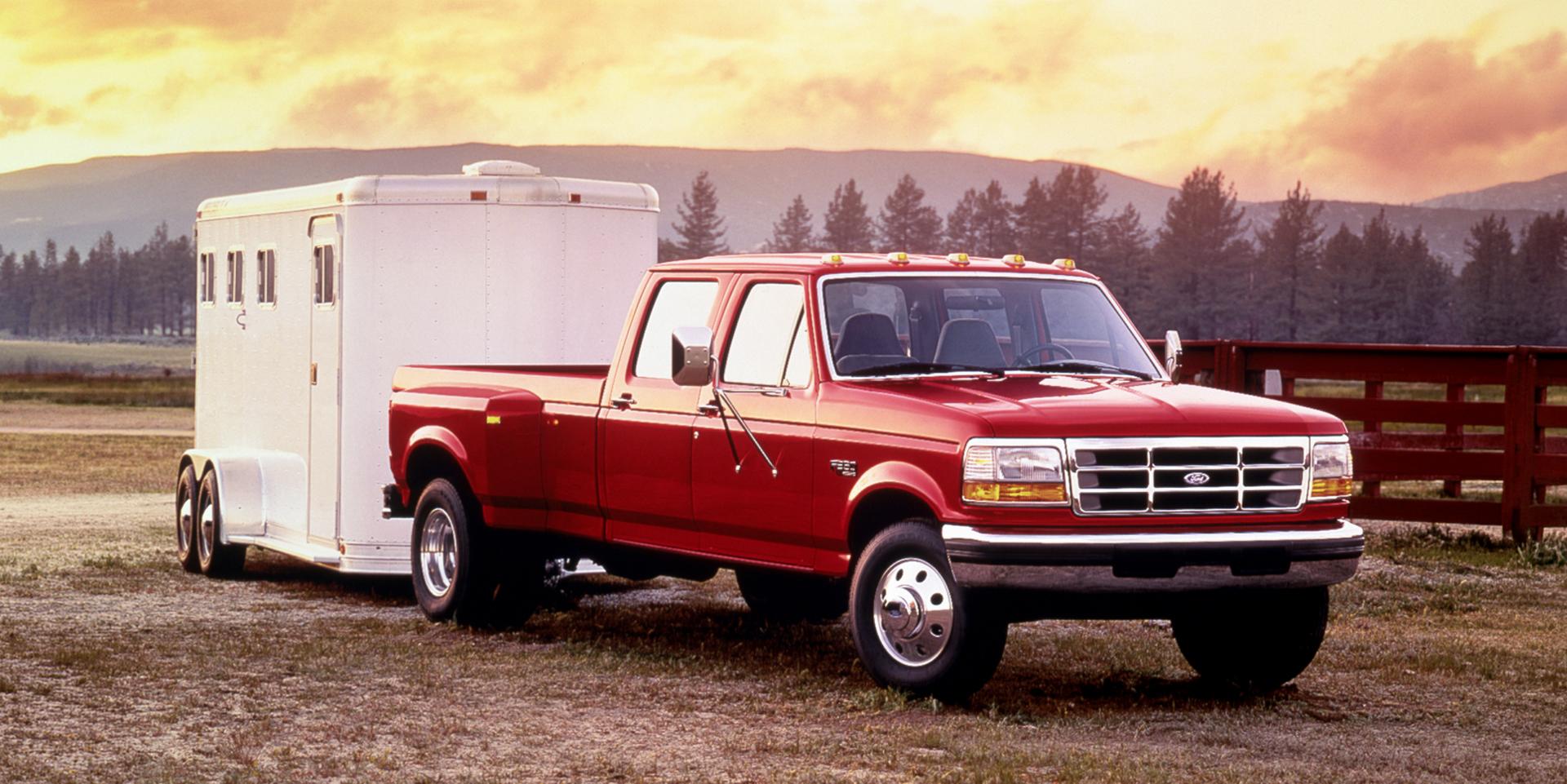 A 1996 F-150 with hitched horse trailer. 